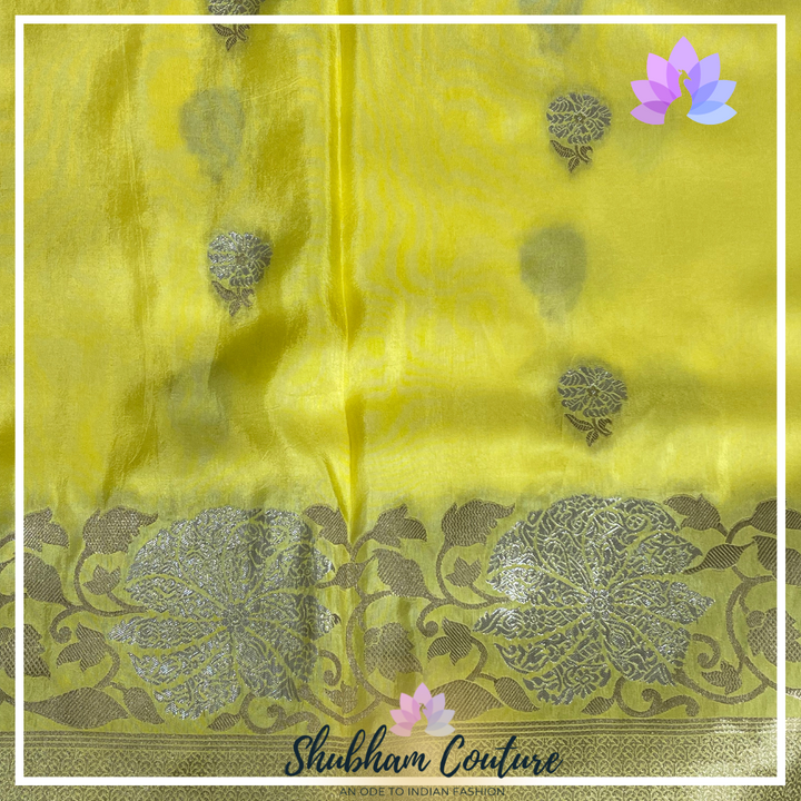 Elegant yellow semicrape saree with cutwork borders