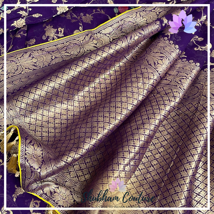 Beautiful Purple Benarasi Georgette with contrast yellow blouse