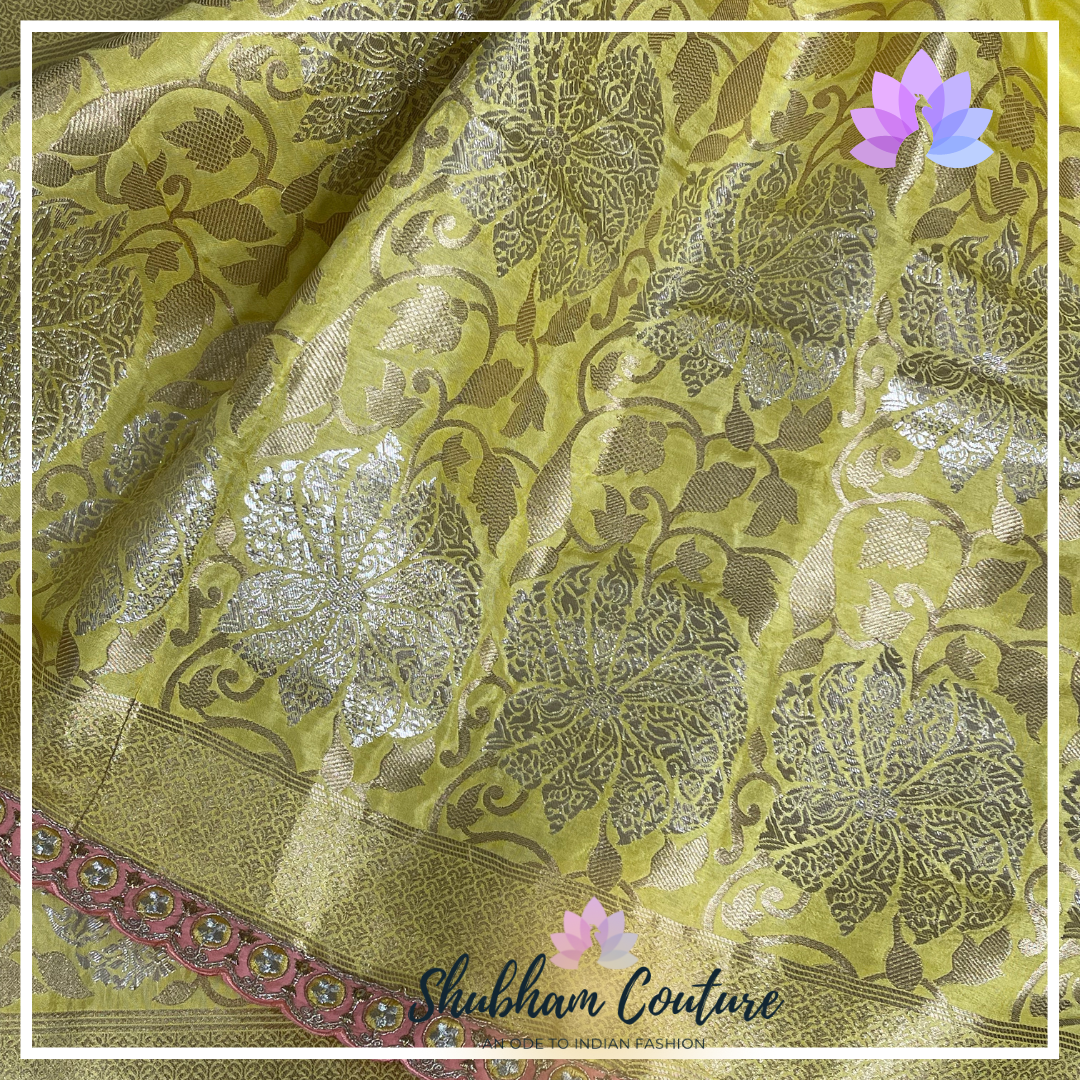 Elegant yellow semicrape saree with cutwork borders