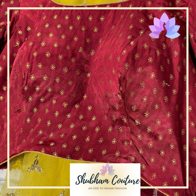 Yellow printed Kalamkari lehanga with maroon blouse