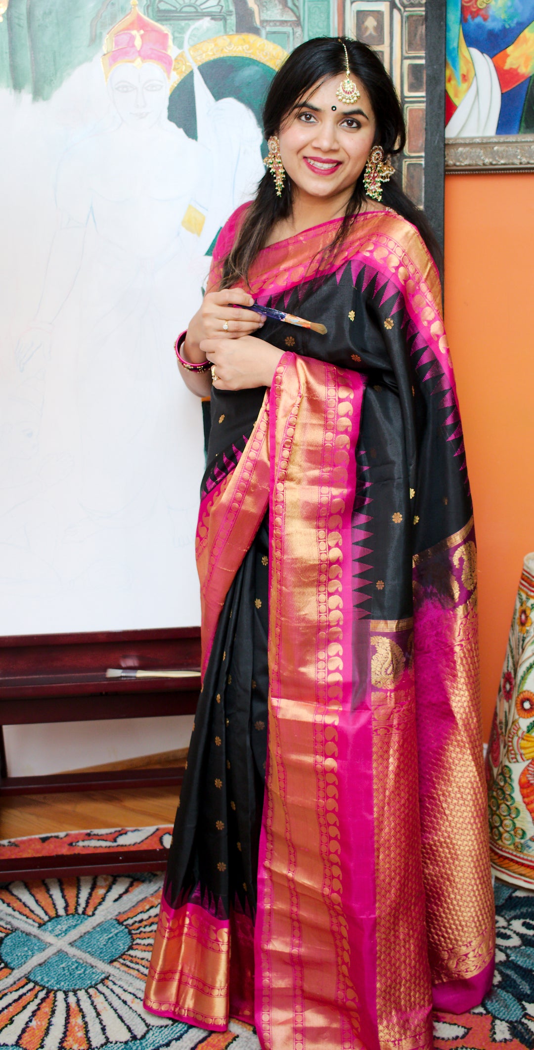 Gorgeous Pure Gadwal silk in Black with designer contrast pink blouse