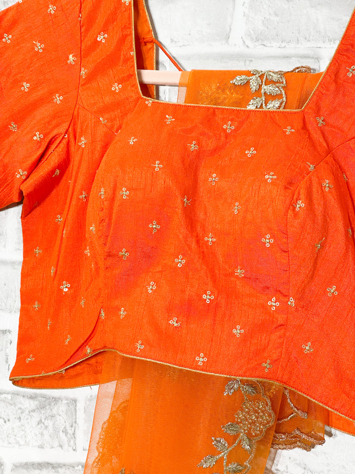 Kalamkari lehanga with orange blouse and net dupatta