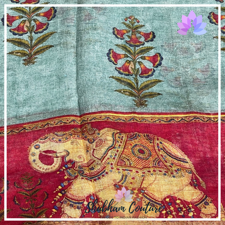 Premium Linen in pastal green and red border with rich prints all over