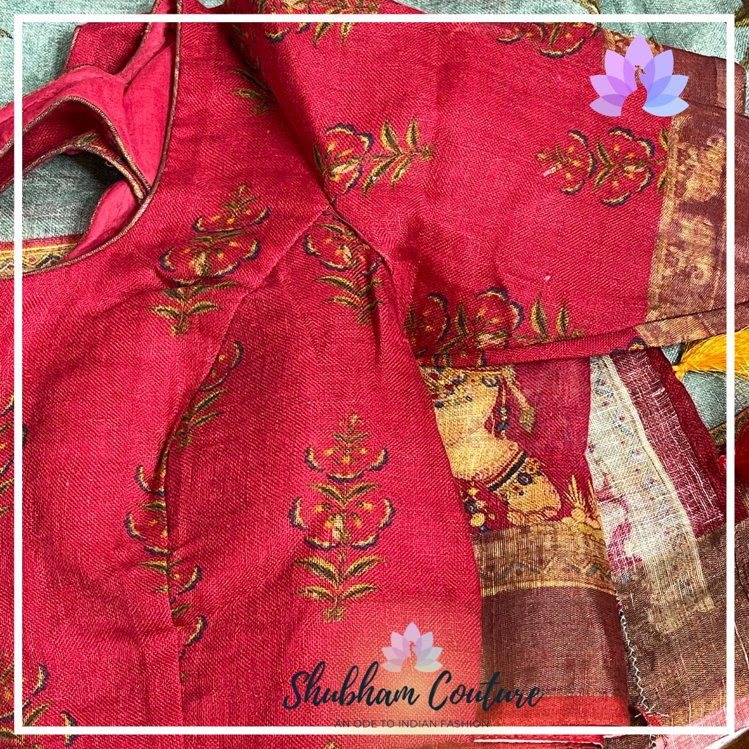 Premium Linen in pastal green and red border with rich prints all over