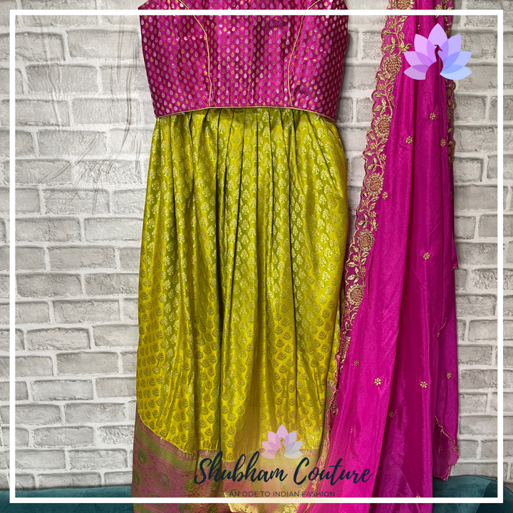 Easy and simple parrot green lehanga with pink brocade top