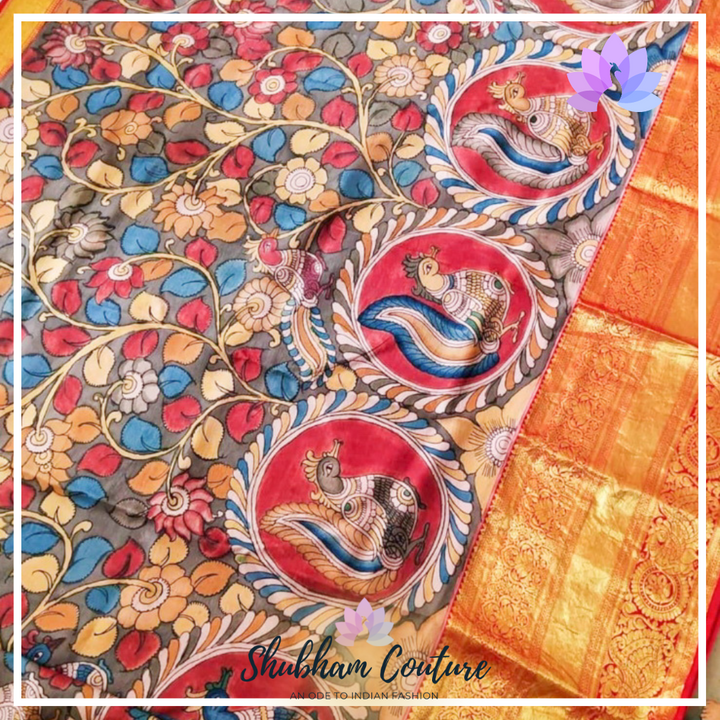 Hand painted Pen Kalamkari Kanchipuram silk saree