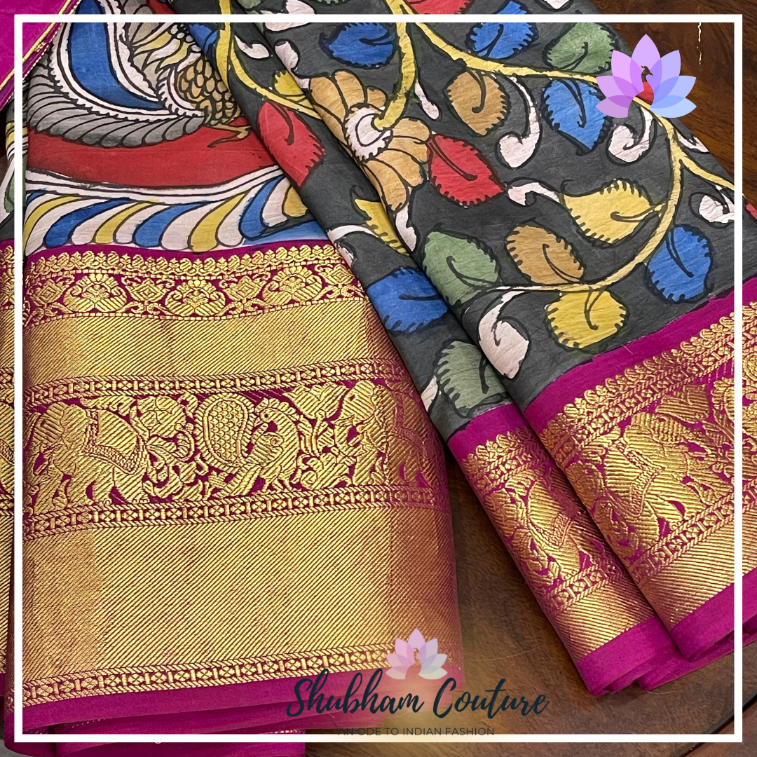 Hand Painted Pen Kalamkari Kanchipuram Silk Saree – Shubham Couture