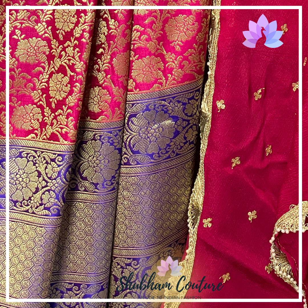 Pink Benarasi brocade lehanga with contrast purple borders