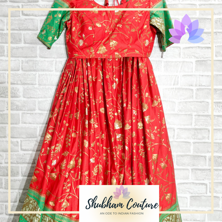 Bright red and green Paithani Lehanga