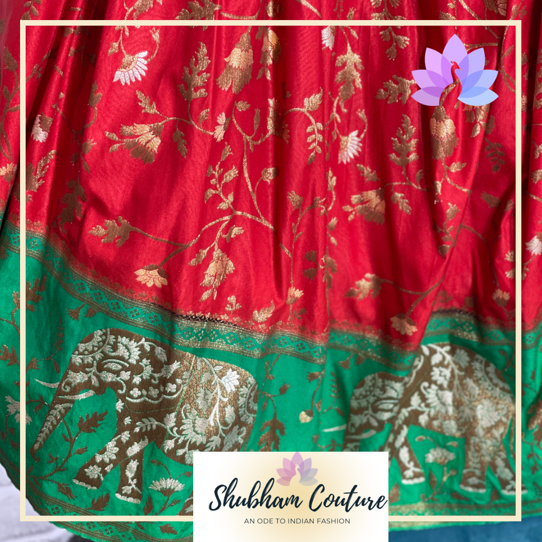 Bright red and green Paithani Lehanga