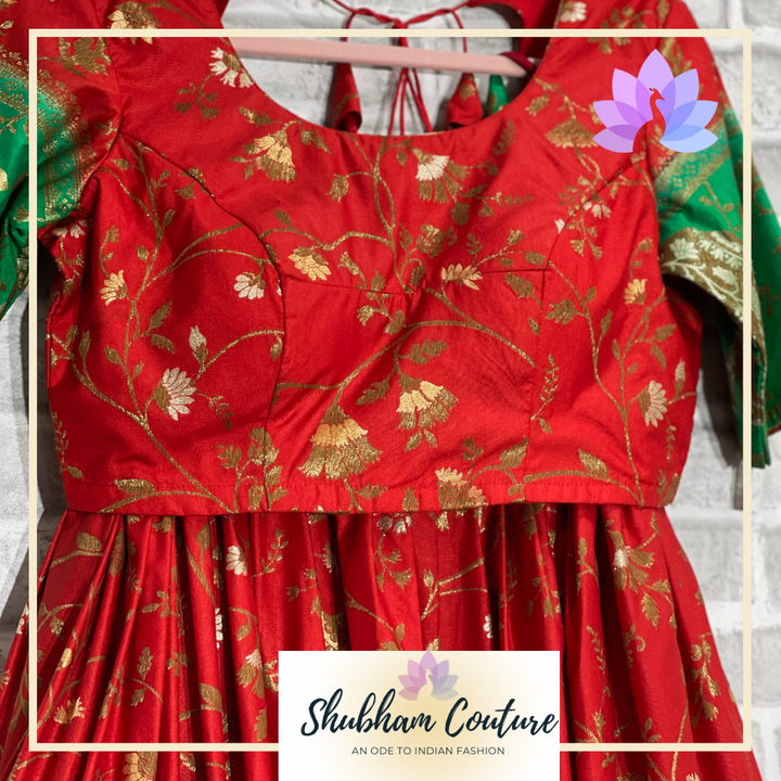 Bright red and green Paithani Lehanga