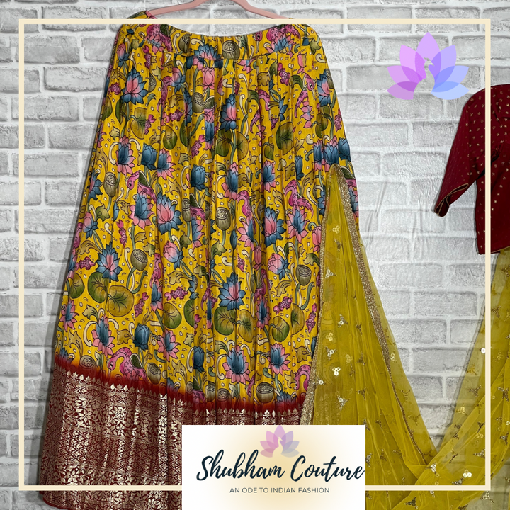 Yellow printed Kalamkari lehanga with maroon blouse