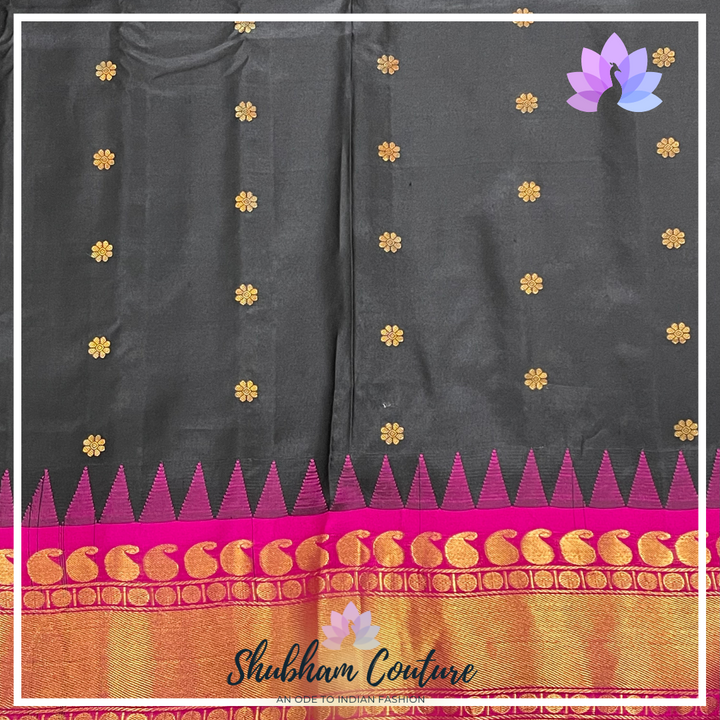 Gorgeous Pure Gadwal silk in Black with designer contrast pink blouse