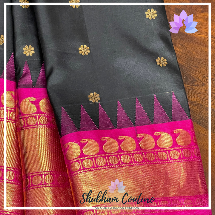 Gorgeous Pure Gadwal silk in Black with designer contrast pink blouse