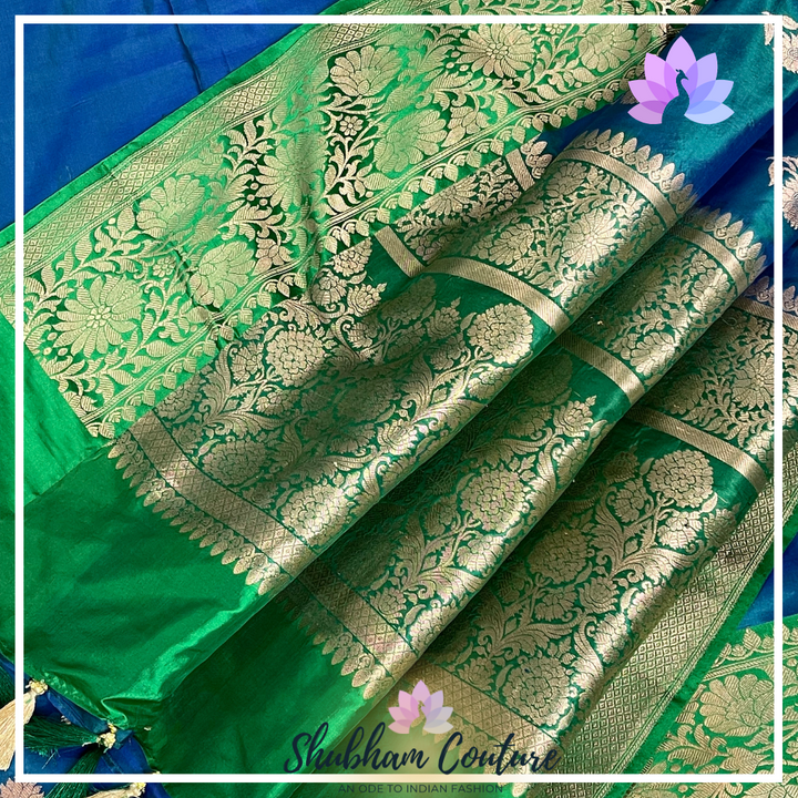 Dual shade kanchi silk saree in blue green with work blouse