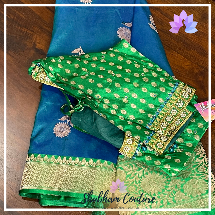 Dual shade kanchi silk saree in blue green with work blouse