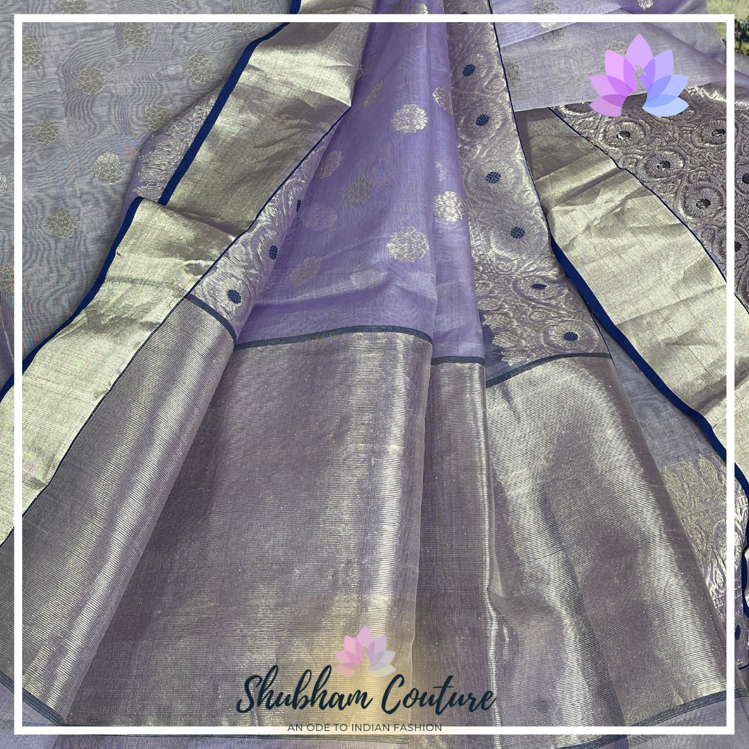 Purple Chanderi silk saree with silver borders