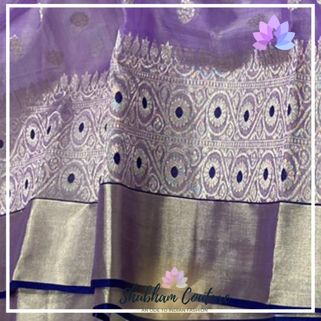 Purple Chanderi silk saree with silver borders