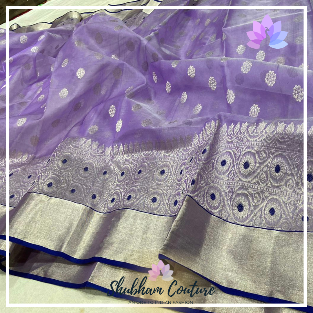 Purple Chanderi silk saree with silver borders