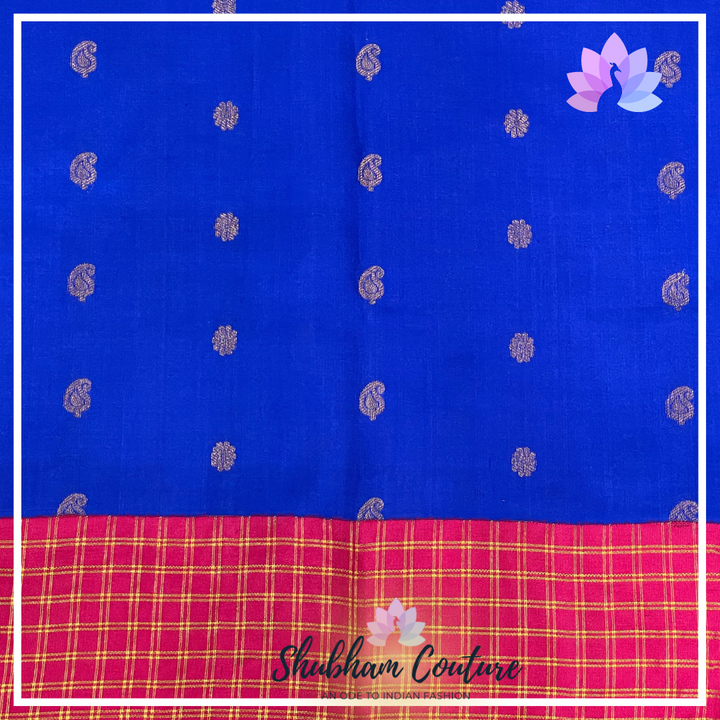 Royal blue pure gadwal silk with checks borders