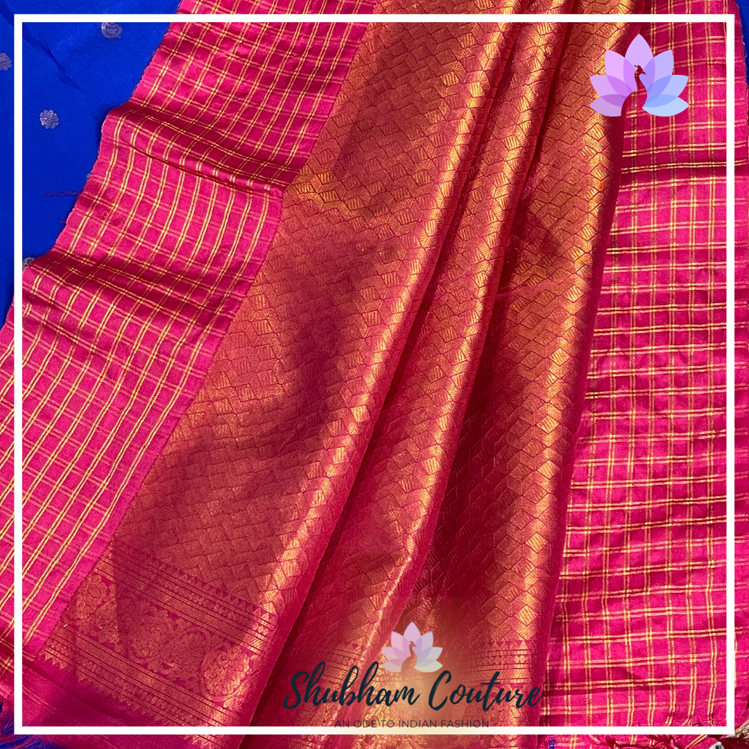 Royal blue pure gadwal silk with checks borders