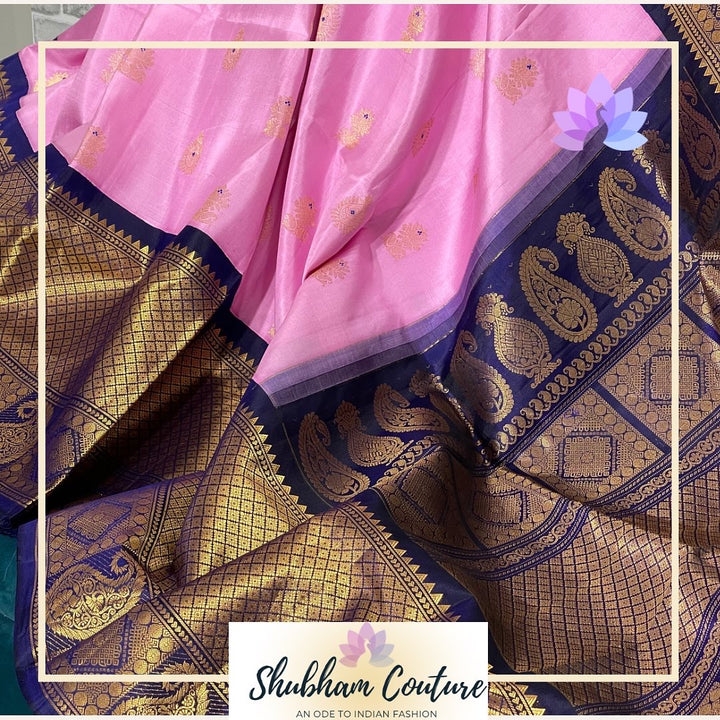 Pastal pink elegant pure gadwal silk with rich designer pallu