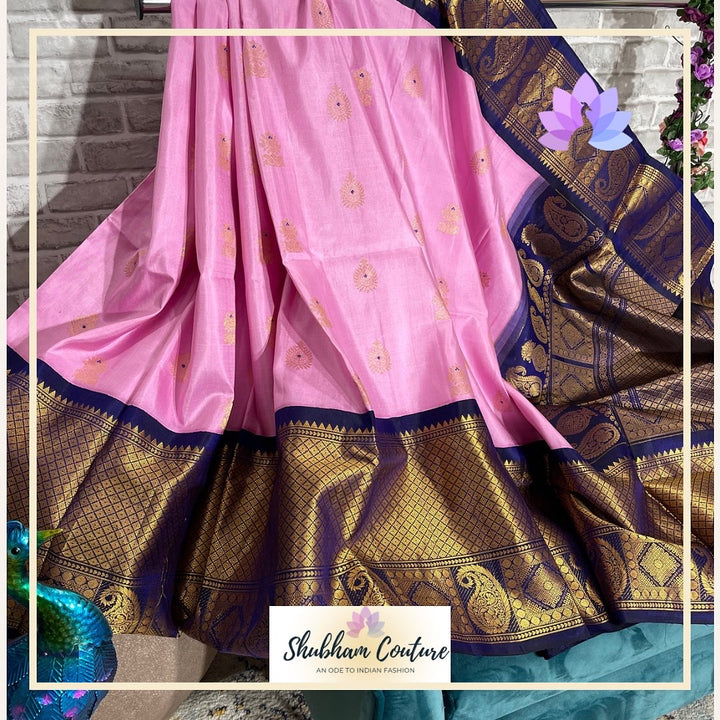 Pastal pink elegant pure gadwal silk with rich designer pallu