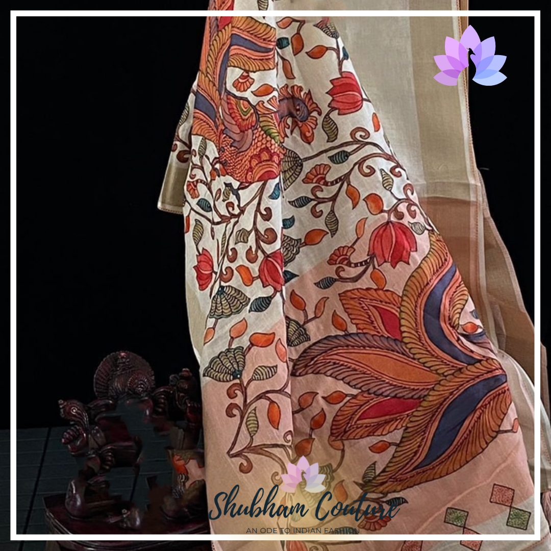 Premium Linen with Kalamkari applique work with pink border