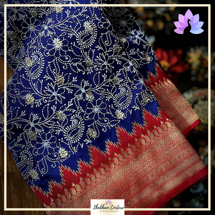 Spun silk Dark blue with Chikankari print and contrast Red patola blouse