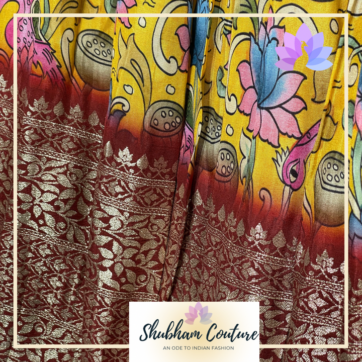 Yellow printed Kalamkari lehanga with maroon blouse