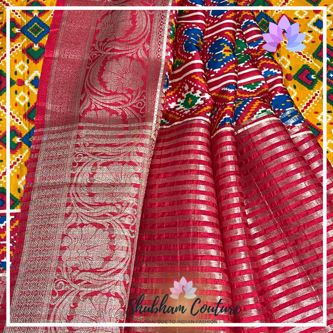 Semicrape Patola saree in Yellow with red border