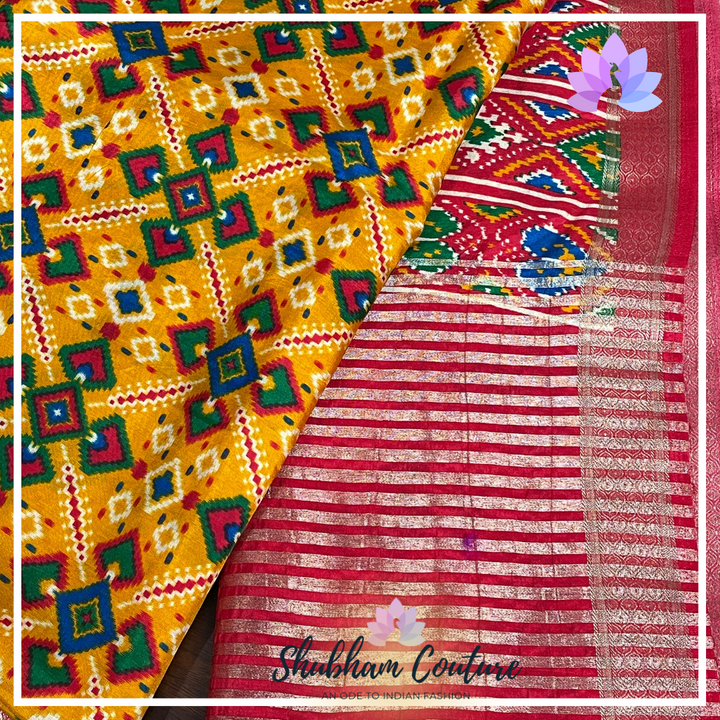 Semicrape Patola saree in Yellow with red border